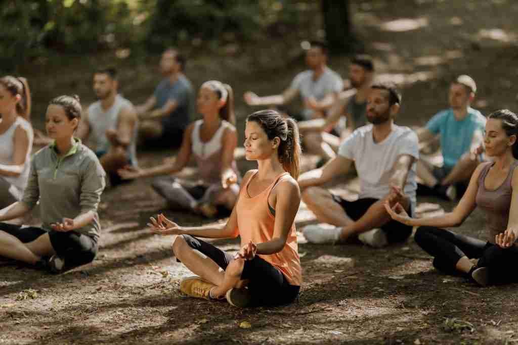 Large group meditating outdoors