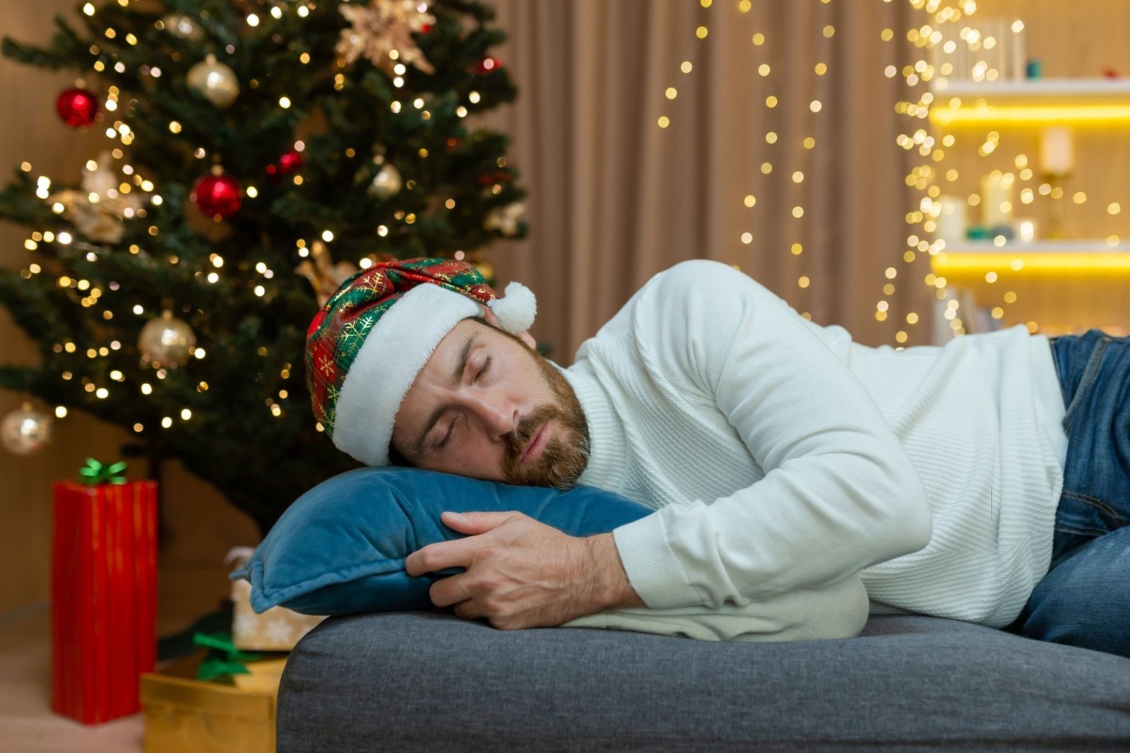 Man asleep on the sofa at Christmas