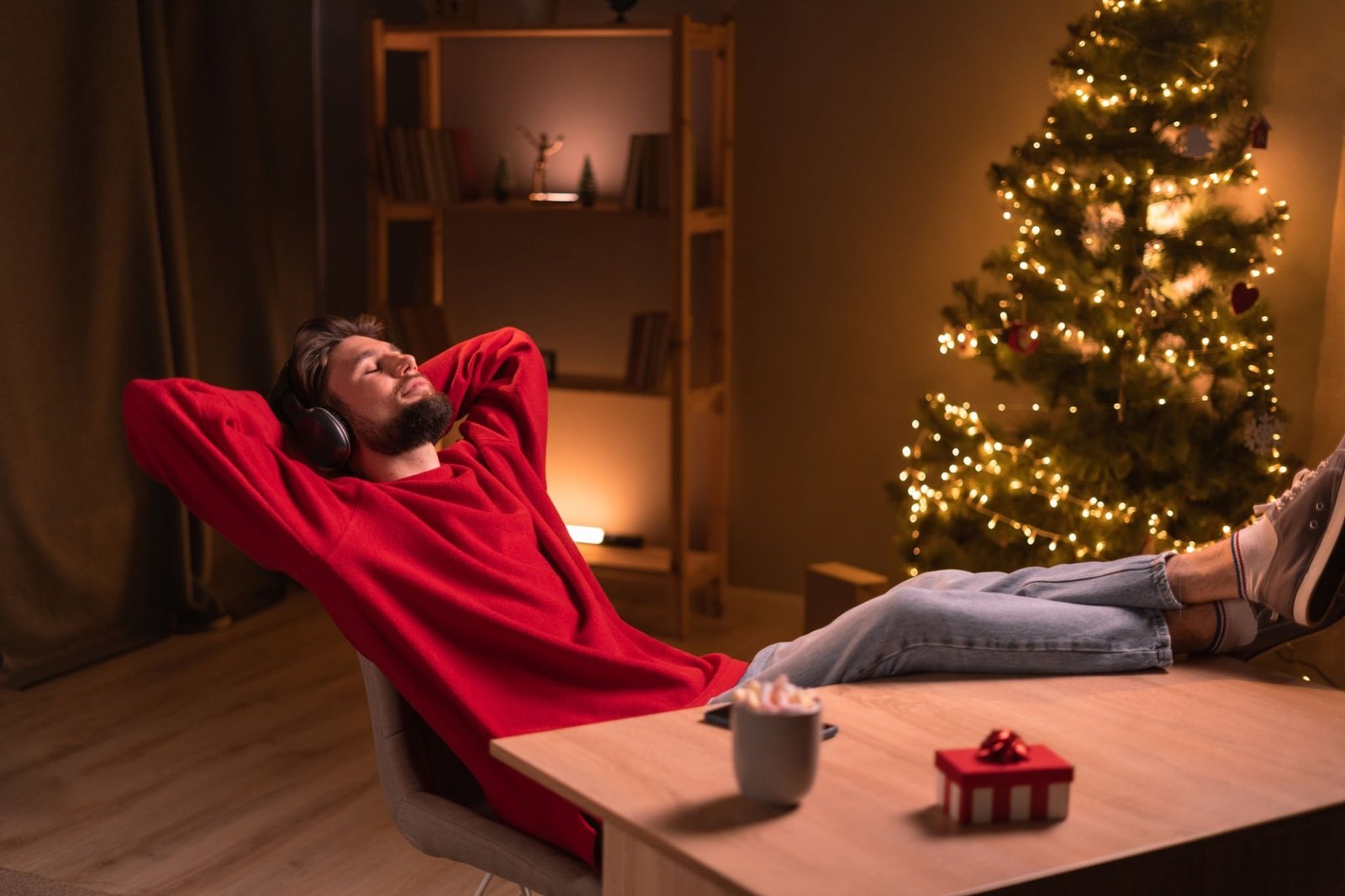 Man listening to music while taking a Christmas nap