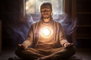 a man meditating with a glowing circle