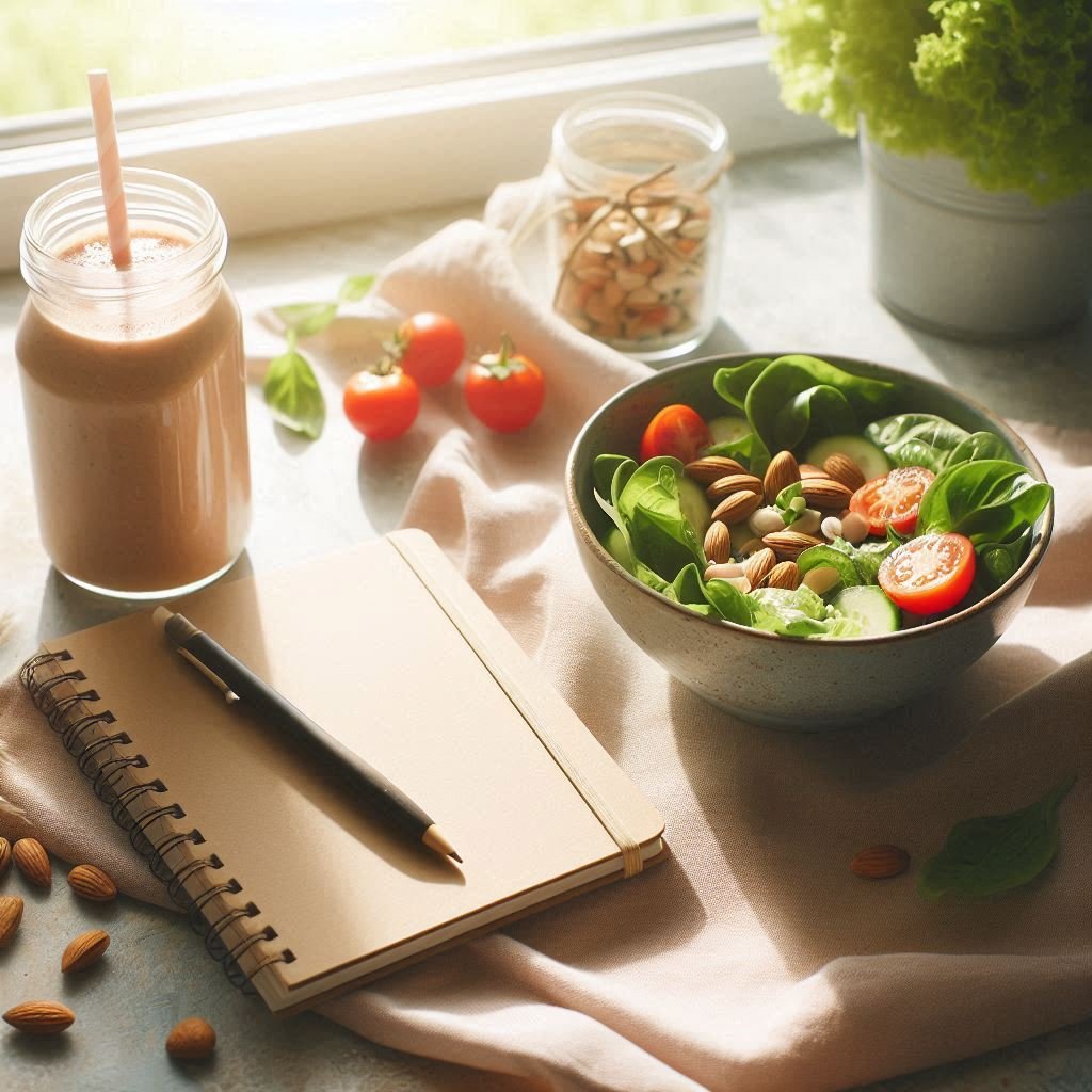 Soft lifestyle photo of journal, smoothie, light salad, sunlight through a window, concept of mindful weight loss without exercise.