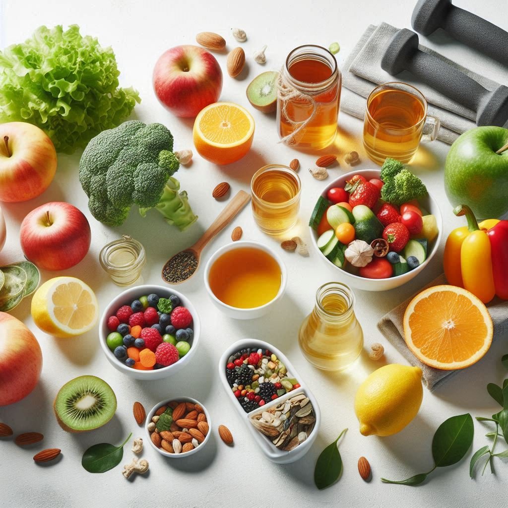 A clean flat lay of healthy fruits, vegetables, herbal tea, and lemon water on a white table